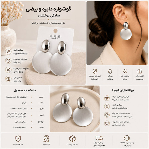 گوشواره نقرهای بیضی و دایره مات با طراحی مدرن