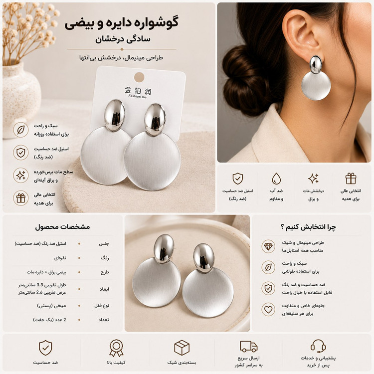 گوشواره نقرهای بیضی و دایره مات با طراحی مدرن