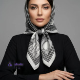 مینی اسکارف زنانه ابریشم مصنوعی طرح هندسی فشن رنگ مشکی طوسی سایز 70×70 سانتیمتر