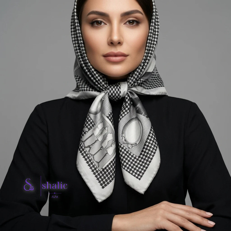 مینی اسکارف زنانه ابریشم مصنوعی طرح هندسی فشن رنگ مشکی طوسی سایز 70×70 سانتیمتر