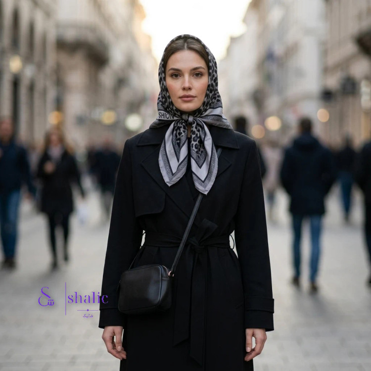 روسری کوچک 70 در 70 طرح پلنگی طوسی