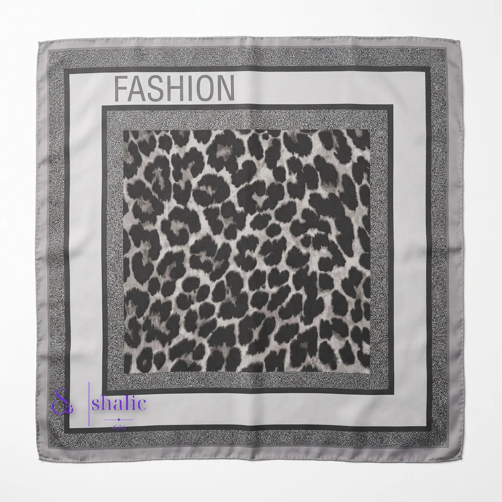 مینی اسکارف زنانه طرح پلنگی طوسی و مشکی با حاشیه نوشته Fashion