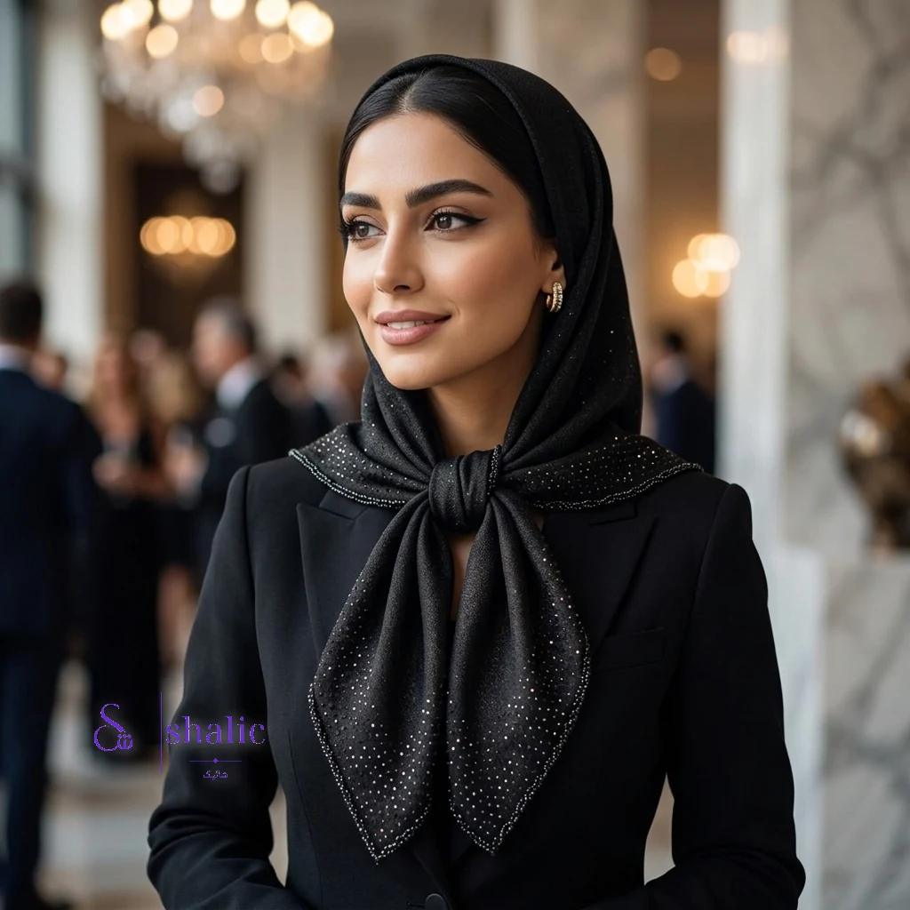 نمای نزدیک از نگین دوزی و منجق دوزی لبه روسری پتینه مشکی