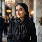 نمای نزدیک از نگین دوزی و منجق دوزی لبه روسری پتینه مشکی
