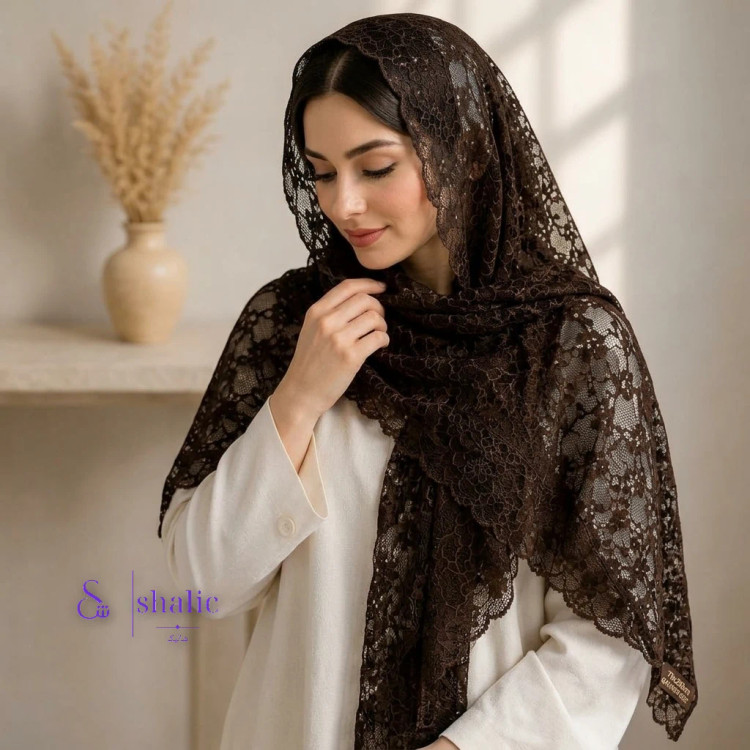 شال گیپور تور قهوه ای تیره با طرح گل اسلیمی