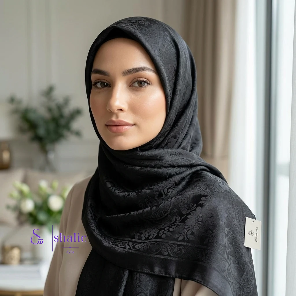 روسری ژاکارد مشکی مات طرحبندی دار