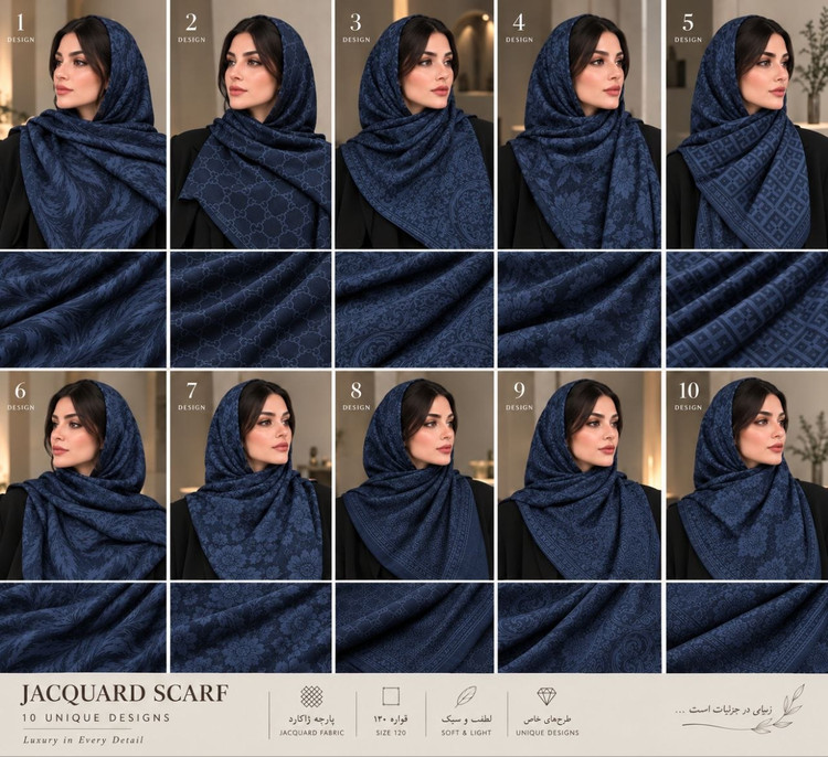 پکیج ۱۰ مدل مختلف روسری ژاکارد سرمهای شالیک بر روی سر مدل و نمای نزدیک بافت